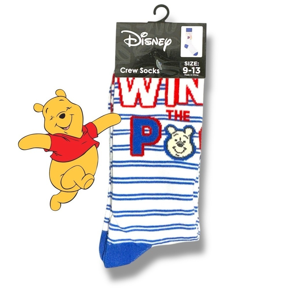 Winnie Pooh Crew Socks Disney Novelty Stripe Blue White Adult Unisex Mens 9-13